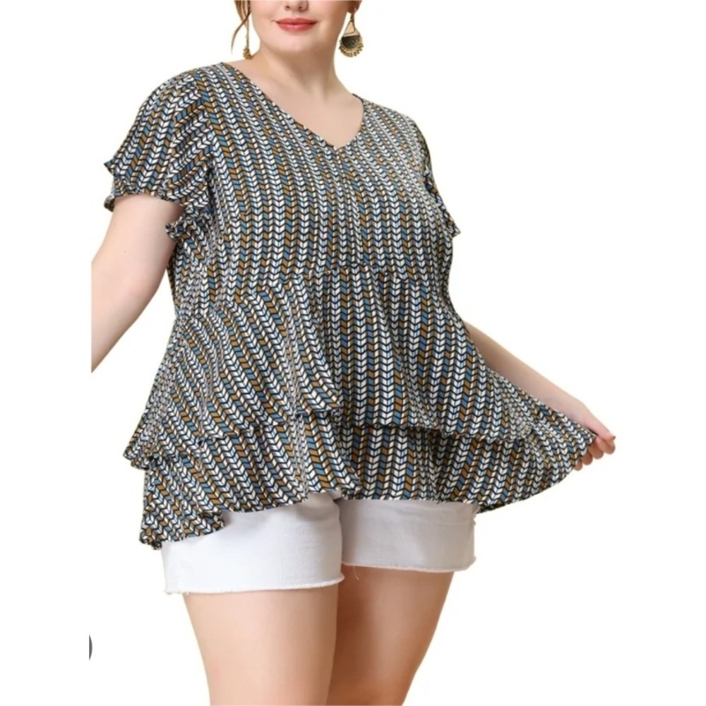 Agnes‎ Orinda Womens Plus Size V Neck Chevron Print Ruffle Hem Tunic Top 4X NWT